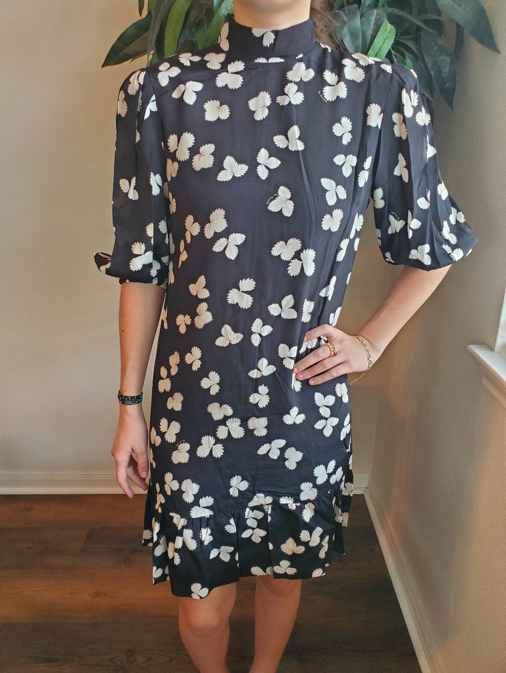 The Kooples Black Mini Dress with White Floral Print Sz 0